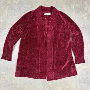 LOFT Ann Taylor Womens Open Cardigan Holiday Red Sz 14 Fuzzy Warm Soft Wine